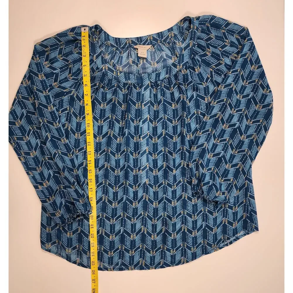 Ariat Blue Geometric Boho Peasant‎ Blouse Long Sleeve Small